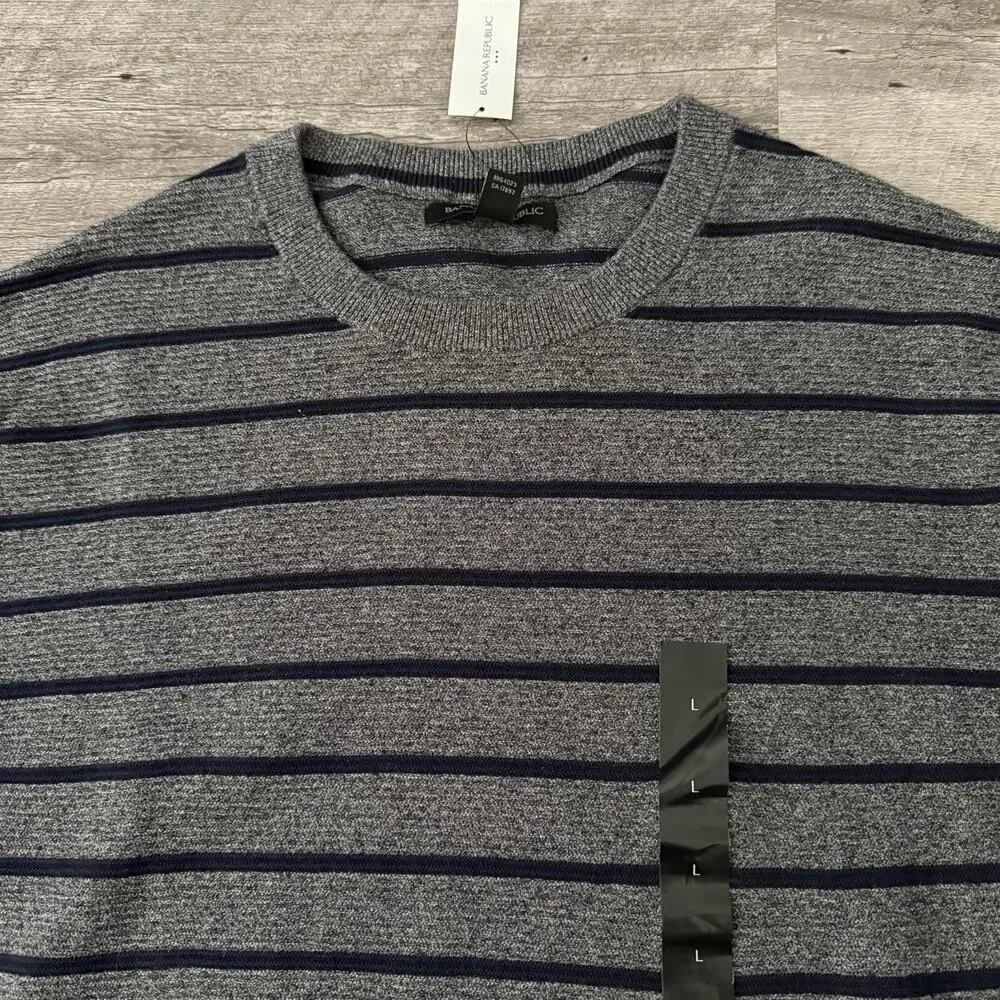 Banana Republic Sweater Men Large Lightweight Cotton Gray Striped Crew Neck NEW